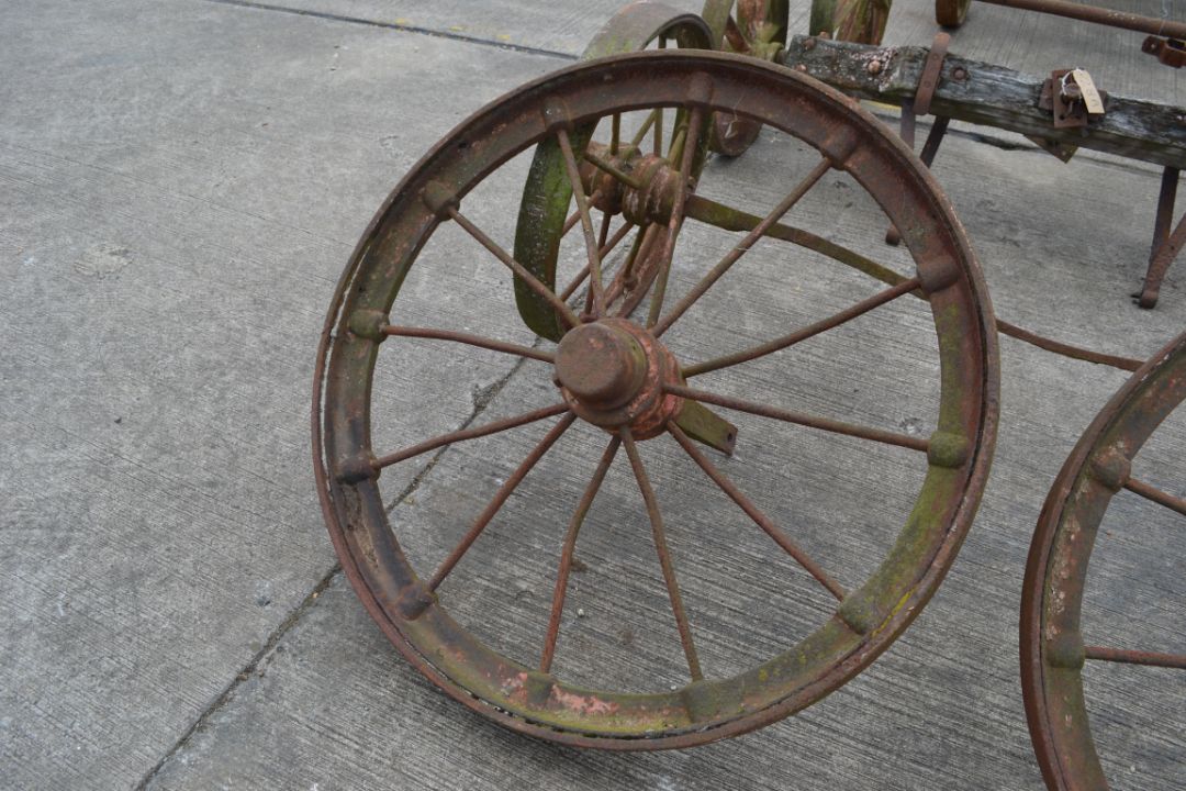 Set of four matching cast wheels on axles. Suit shepherds hut. - Image 3 of 6