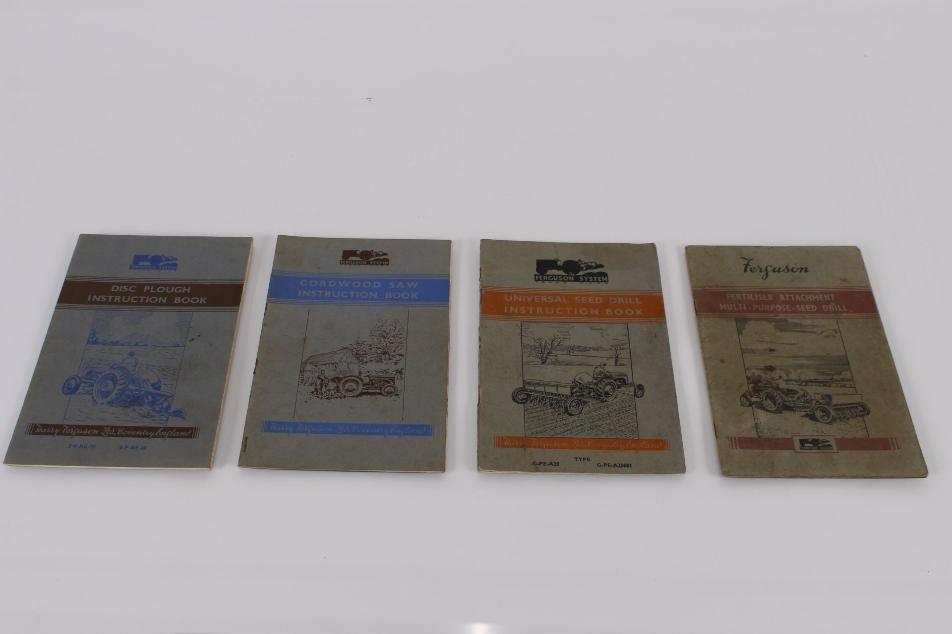 4x Ferguson implement instruction books: Disc Plough, Cordwood Saw, Universal Seed Drill, Fertiliser
