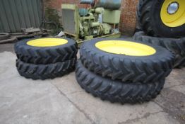 Set of John Deere row crop wheels and tyres. Comprising Goodyear 10-stud 340/85R38 fronts and