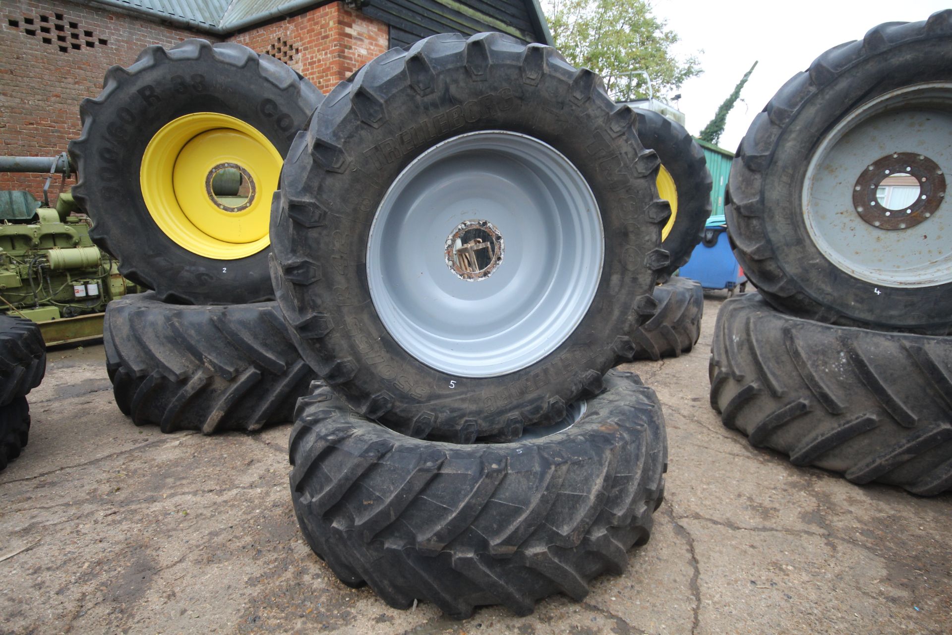 Pair of Trelleborg TM800 8-stud 650/65R42 Massey Ferguson wheels and tyres. V