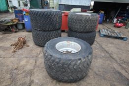 5 x Michelin Cargo XBIB 10-stud 600/50R22.5 trailer floatation wheels and tyres. One rim dmamaged.