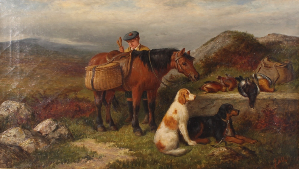 J. Noble, late 19th Century school, highland scene with huntsman, dogs and horse, "Returning With
