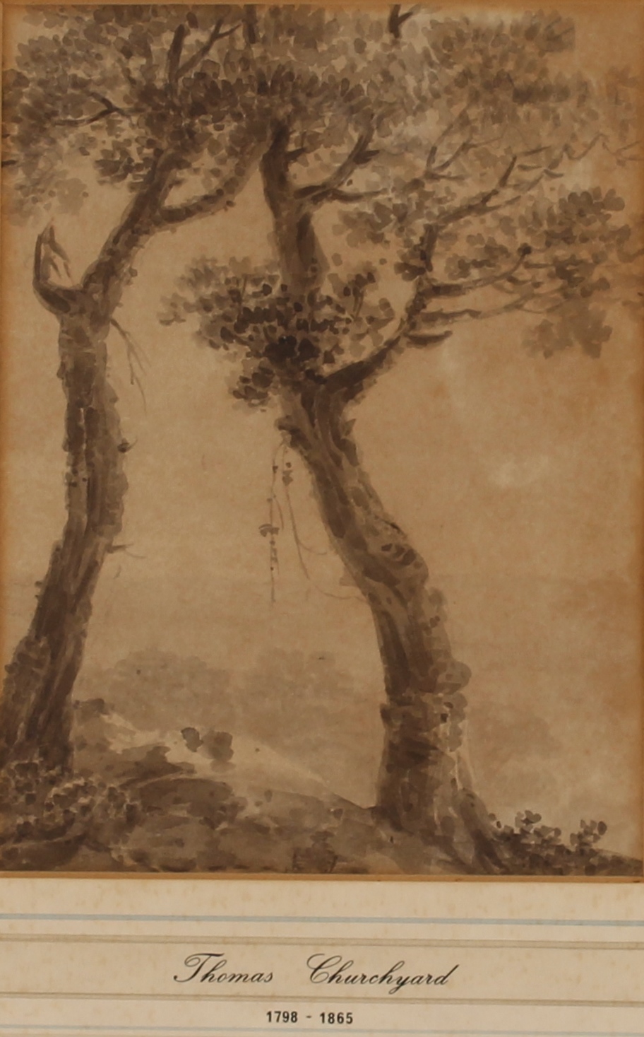 Attributed to Thomas Churchyard 1798-1868, sepia watercolour study of trees, 18cm x 13.5cm - Image 2 of 2