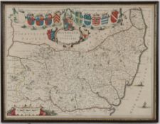 An antique coloured map of Suffolk
