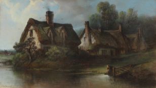 E.R. Smyth, study of cottages by a river with figure drawing water, signed coloured chalk and