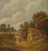 Christopher Mark Maskell, study of a rural cottage with figure on a path, sheep and church in the