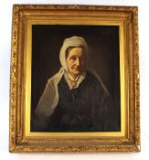 19th Century school, portrait study of an elderly lady wearing a lace cap, unsigned oil on canvas,