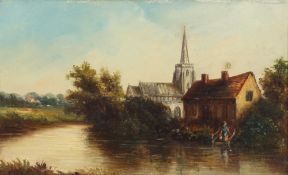 J. Shepherd, study of Bramford Church, figure beside the river in the fore ground, signed oil on