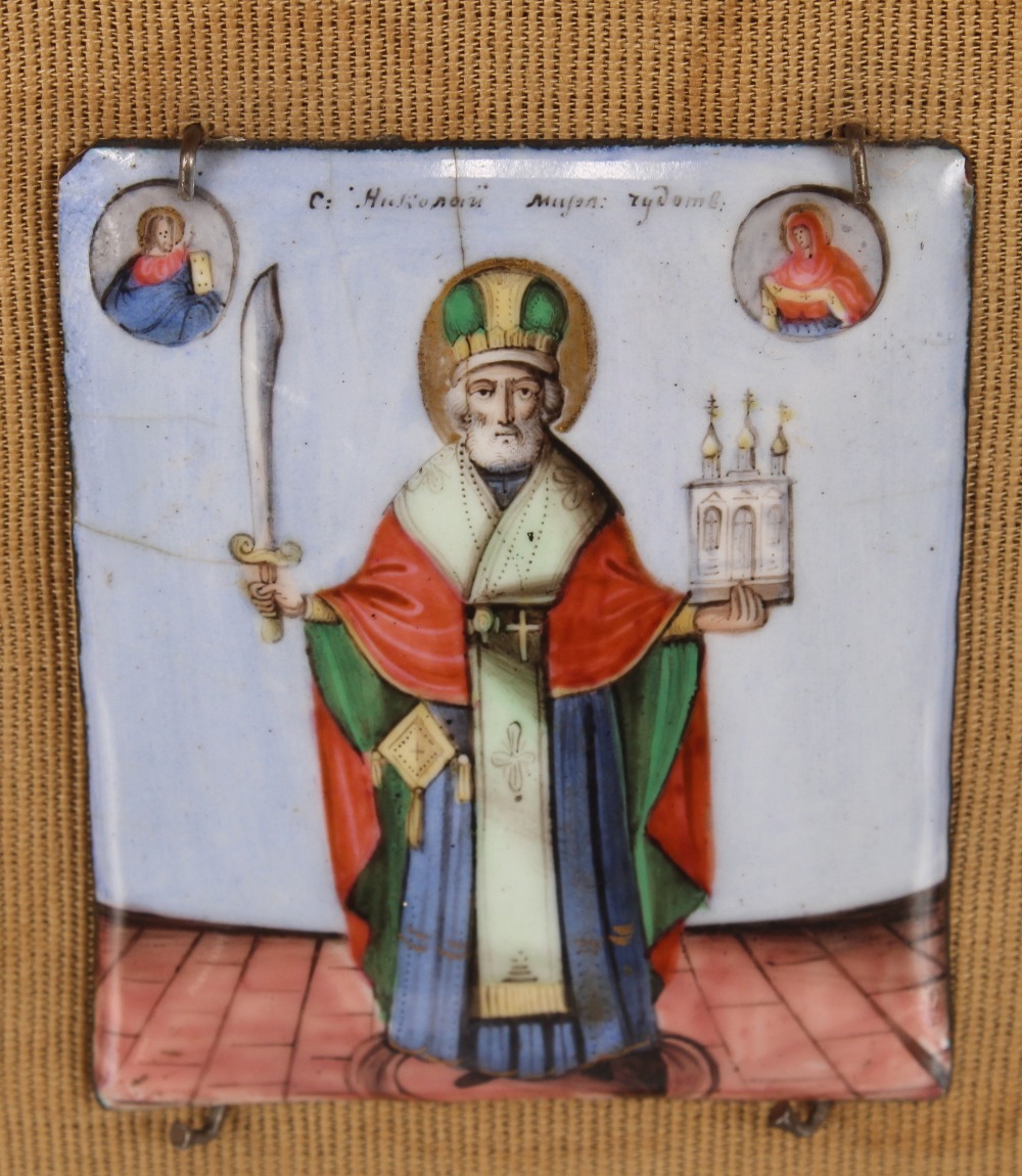 A small religious enamel icon, mounted on a plinth, inscription verso, states "Lent By Sir John - Image 3 of 6