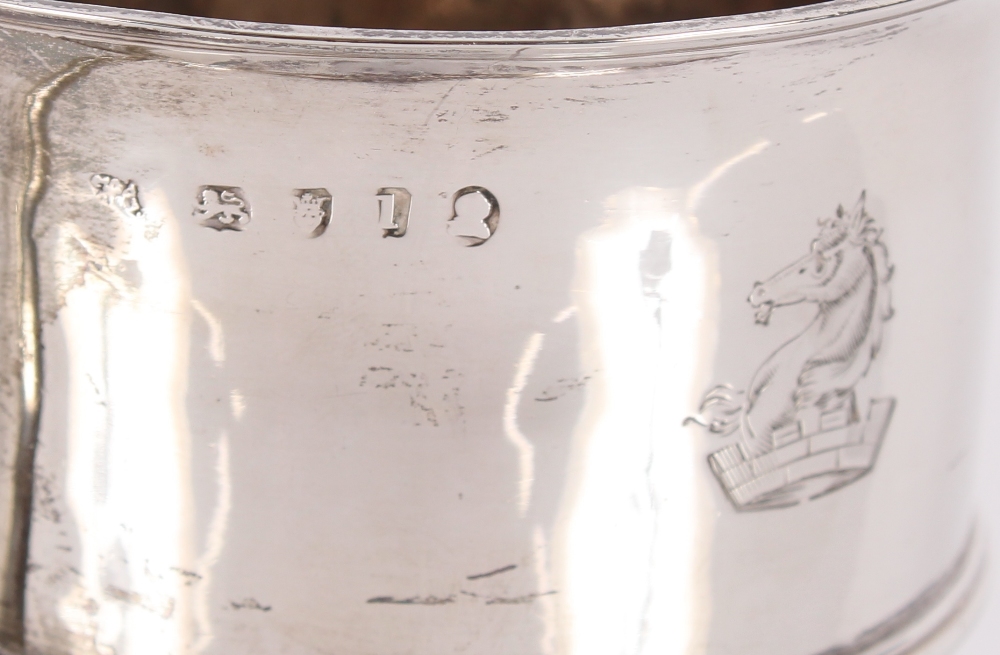 A George III silver baluster mug, decorated with a family crest above a  central girdle, scrolled - Image 3 of 3