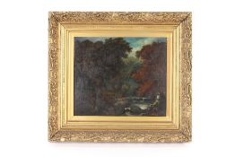 19th Century school, study of a woodland scene with deer, unsigned oil on board, 35cm x 42cm