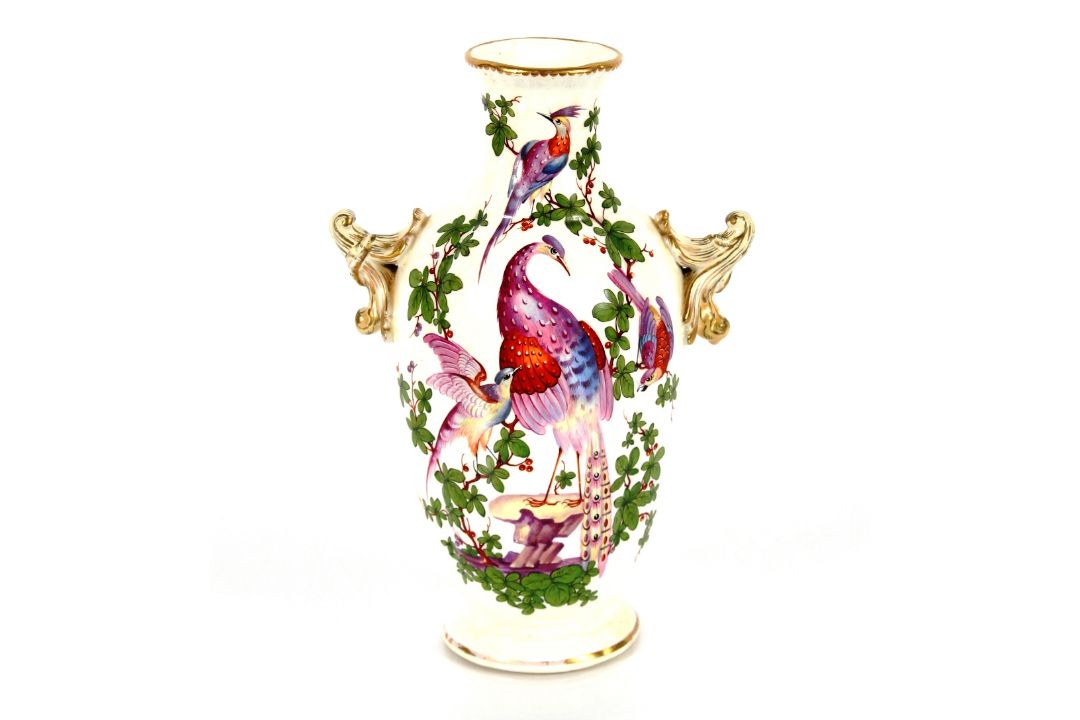 A Chelsea porcelain baluster vase, decorated birds and foliage flanked by gilt heightened floral - Image 1 of 2