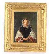 19th Century school, study of a seated lady wearing a shawl and lace bonnet, 33cm x 25cm