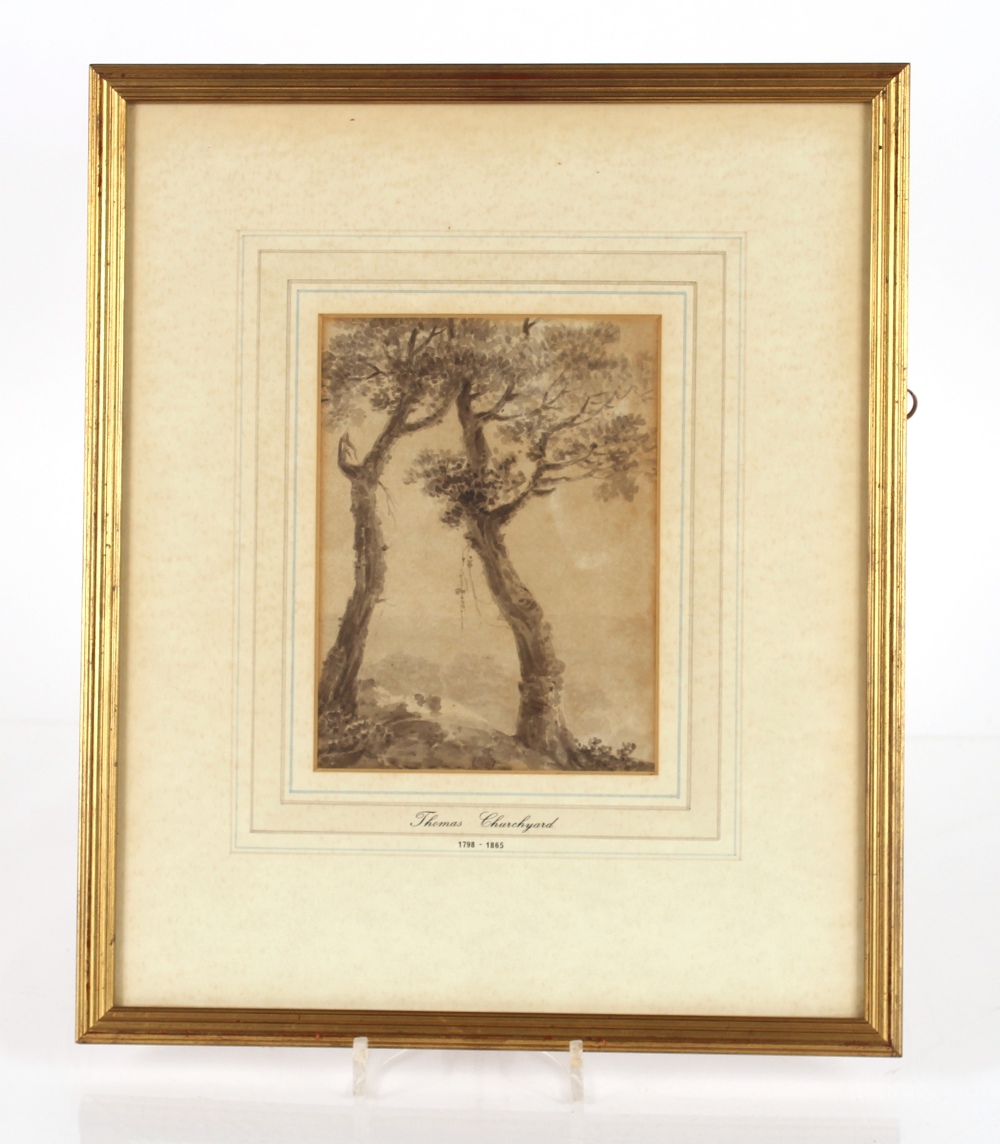 Attributed to Thomas Churchyard 1798-1868, sepia watercolour study of trees, 18cm x 13.5cm