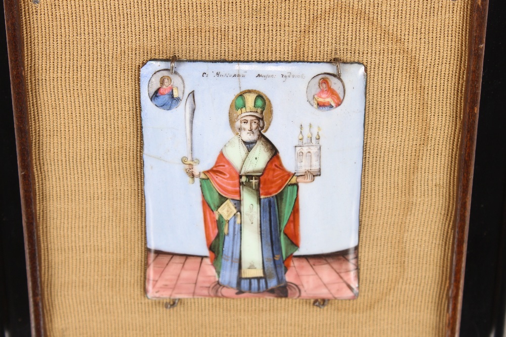 A small religious enamel icon, mounted on a plinth, inscription verso, states "Lent By Sir John - Image 2 of 6
