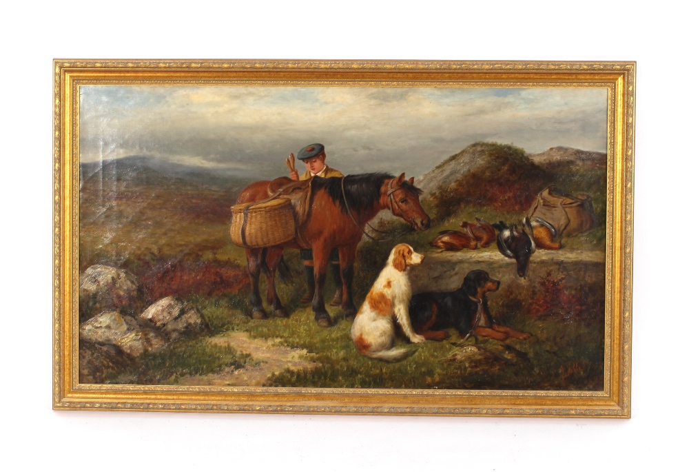 J. Noble, late 19th Century school, highland scene with huntsman, dogs and horse, "Returning With - Image 2 of 2