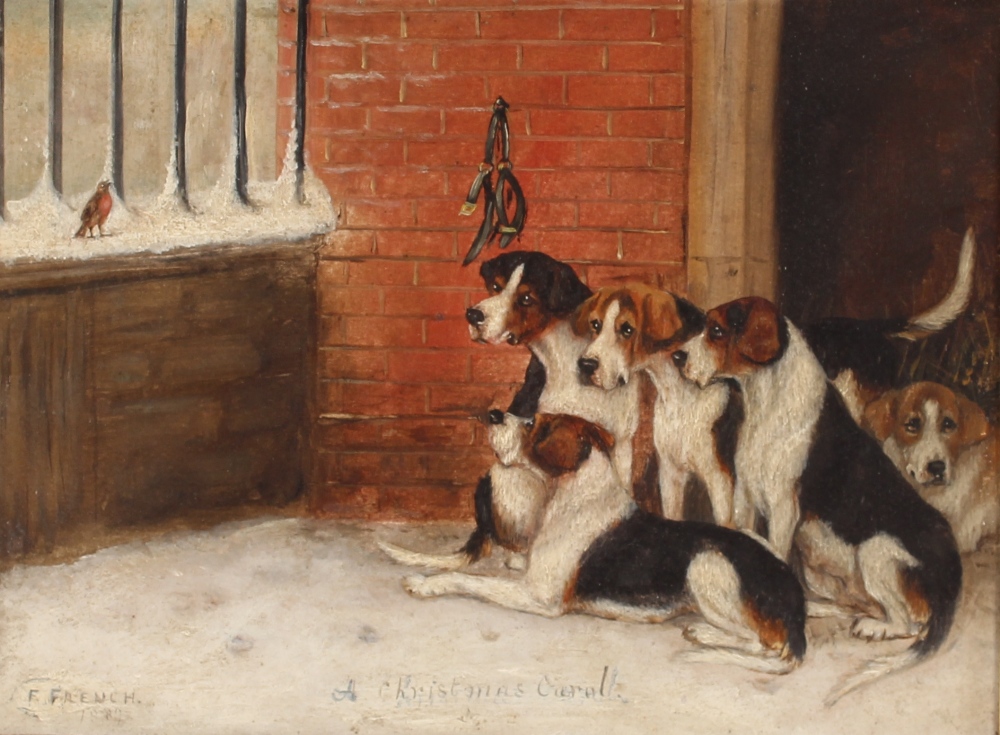 F. French, a Christmas Carol, signed oil on board dated 1889, 22cm x 29cm contained in gilt frame