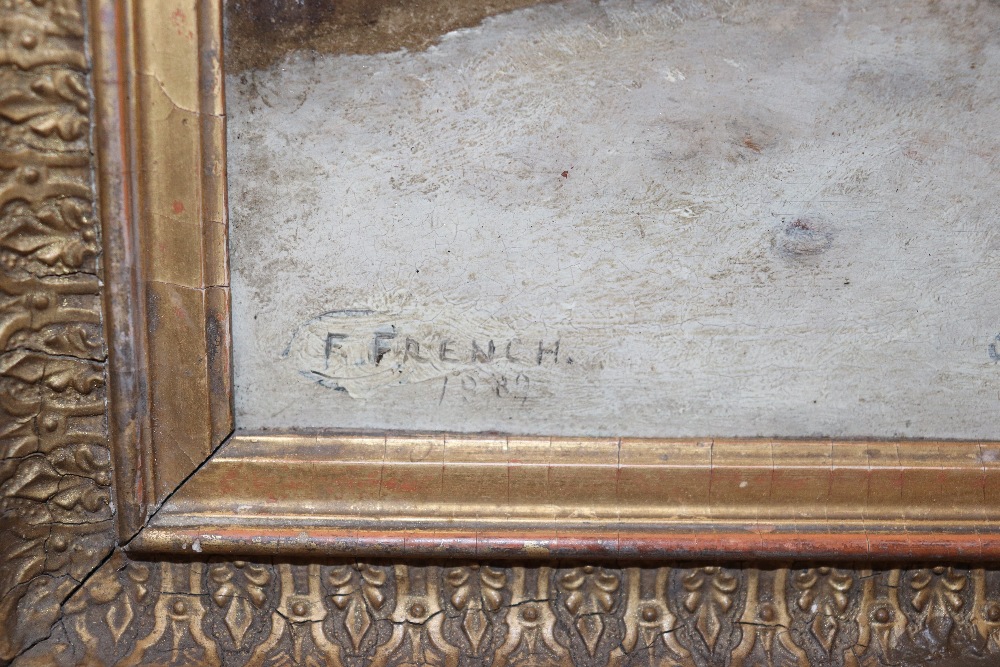 F. French, a Christmas Carol, signed oil on board dated 1889, 22cm x 29cm contained in gilt frame - Image 3 of 6
