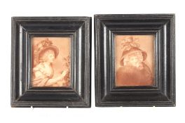 A pair of 19th Century monochrome portraits in ebonised frames, image size 12cm x 9.5cm, frame