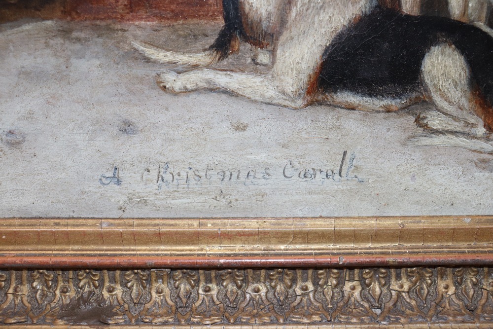 F. French, a Christmas Carol, signed oil on board dated 1889, 22cm x 29cm contained in gilt frame - Image 4 of 6