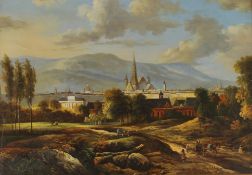 Valdez, scene of a continental city, with figures and horse and cart in the foreground, mountains in