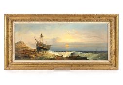 John Moore, study of a beached ship at sunset, signed oil on canvas, 23.5cm x 60cm