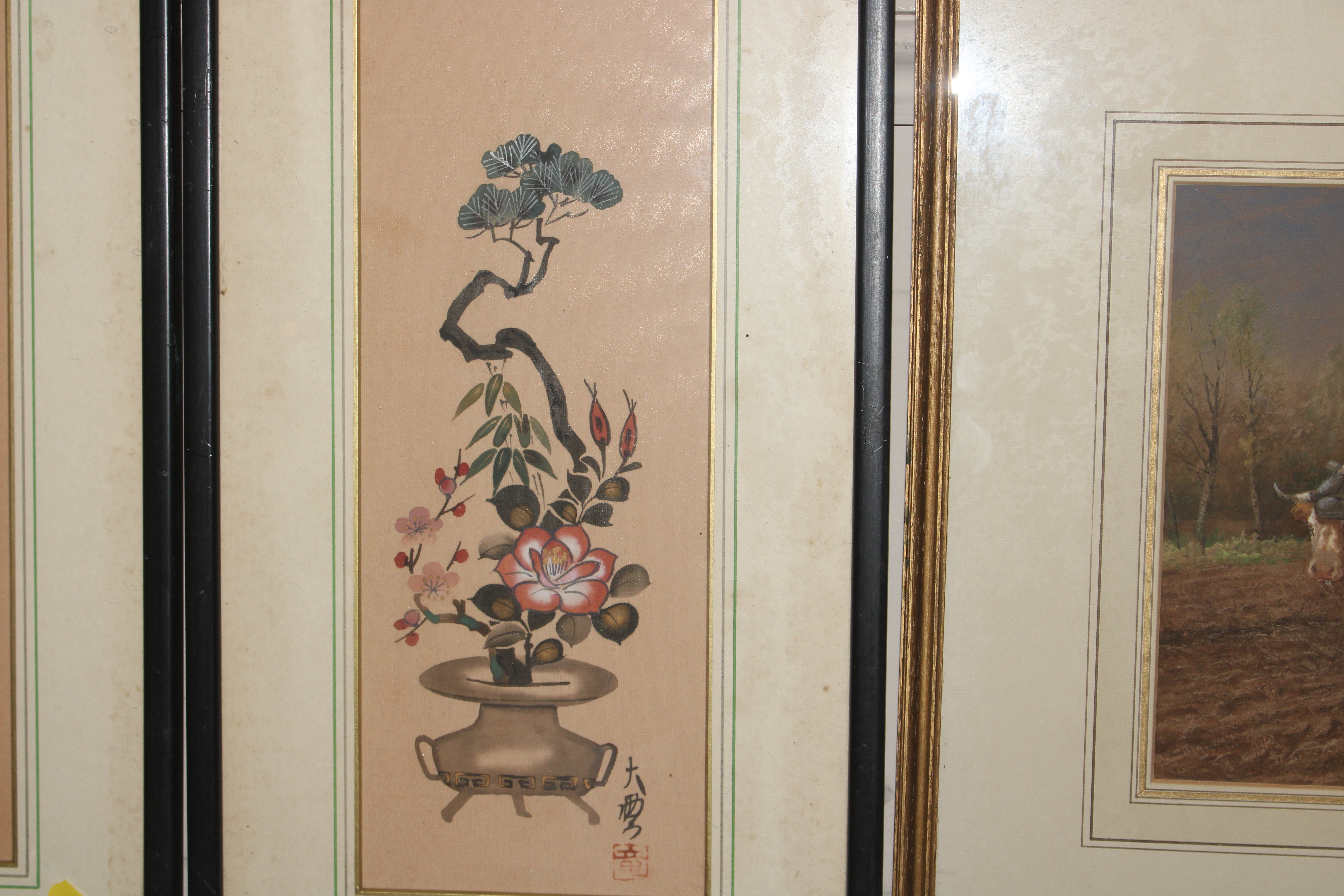 A pair of Oriental still life studies on fabric wi - Image 2 of 5