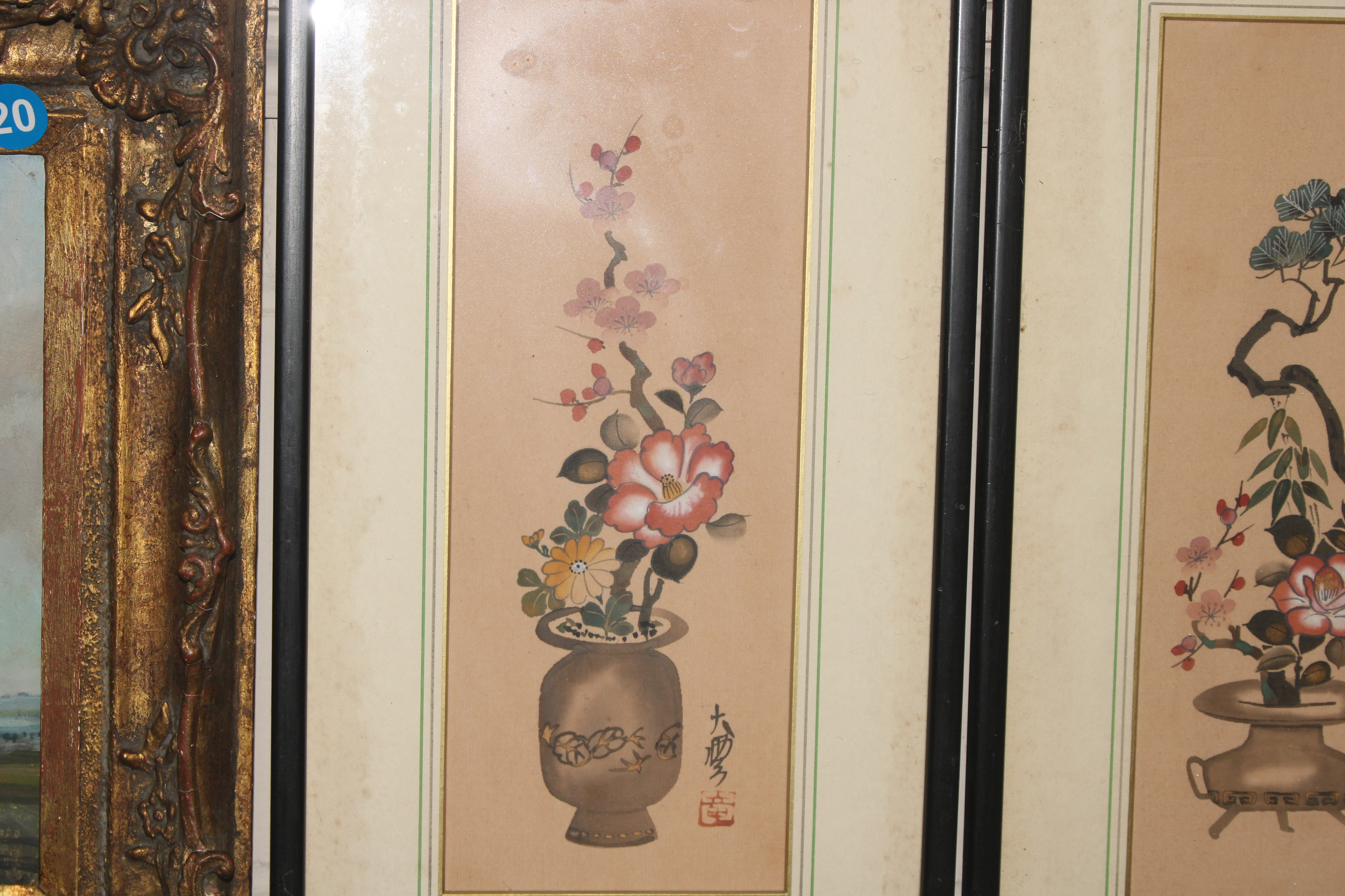 A pair of Oriental still life studies on fabric wi - Image 4 of 5