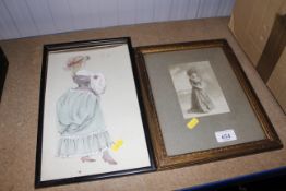 A framed sketch of a lady and a black and white ph