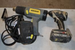 Heat gun, JCB battery charger and 14v cordless driver (no charger). V CAMPSEA ASHE