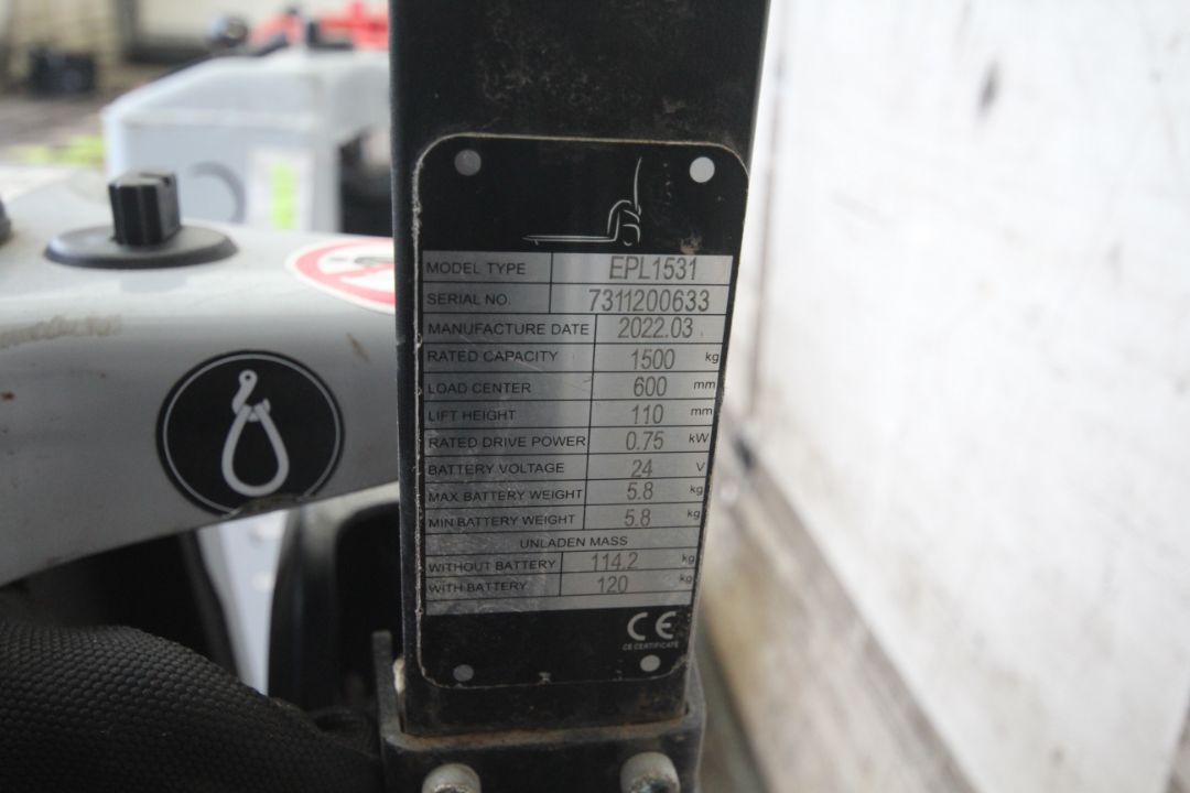 EP Equipment 1.5T electric pallet truck. 2022. With battery and charger. V RENDLESHAM - Image 15 of 15
