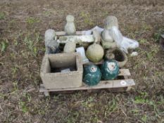 Various concrete garden ornaments, 10 including stands,