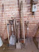 Corn shovel, yard broom, sugar beet forks, hoe,