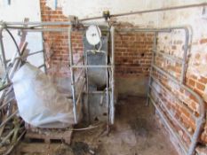 Two stall aluminium cow stalls with churn and pipework,