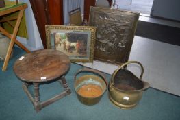 Two Brass Fire Screens, Coal Bucket, Brass Jam Pan