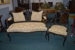 Carved Mahogany Settee with Pale Gold Floral Uphol
