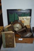 Walnut Writing Box plus Books, Books, Clock, Iron,