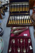 Wooden Cutlery Canteen, Cased Teaspoons, and Two T
