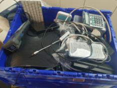 * misc box of office items - mac keyboard, cables, leads, etc