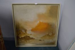 1907's Oil on Canvas Fantasy Mountainscape by Huxley