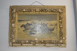 Oil on Canvas Winter Horse Sled Scene by E. Yerestachagen in Original Gilt Frame (AF)