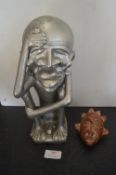 Silver Painted Terracotta Tribal Figure, plus a Small Terracotta Head