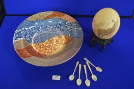 Engraved Ostrich Egg on Stand, plus Large Modern Chinese Dish with Mother of Pearl Spoons