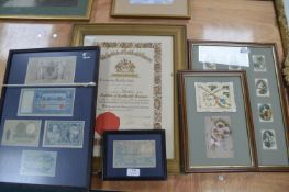 Framed Banknotes, Silk Postcards and Cigarette Cards, etc.