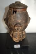 Carved Wooden Lidded Pot on Stand