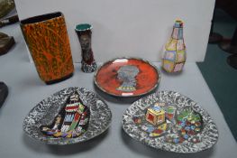 Six 1960’s Italian Retro Pottery Dishes, Vases, etc.