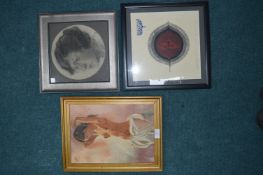 Oil on Board Nude, Charcoal Portrait, and a Signed Abstract Print