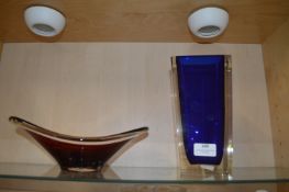 Coloured Glass Dish and Blue Vase (vase has minor