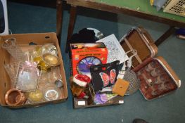 Two Boxes of Household Goods: Toys, Bags, Glasswar