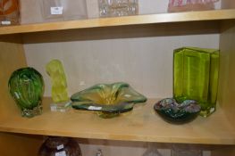 Five Green Glass Vases, Bowls, etc.